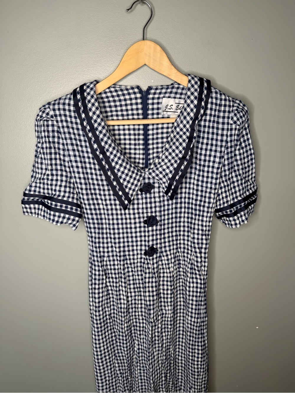 J.S. Edward Vintage 90s Navy Gingham Prairie Rosette Collar Midi Dress - Picture 4 of 12
